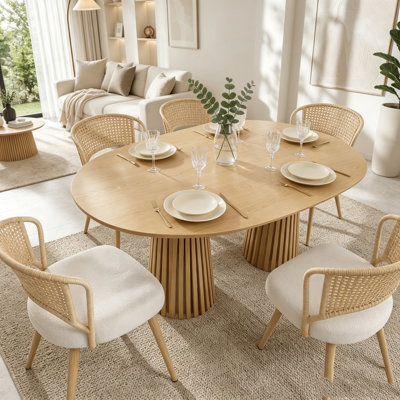 Solid wood stretching dining table + brown wicker dining chairs