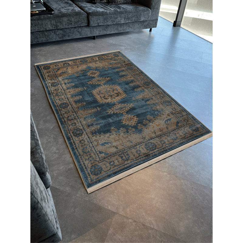 Tapis décoratif à motif frangé à motif traditionnel bleu et jaune, Rectangle 5 pi 2 po x 8 pi 7 po