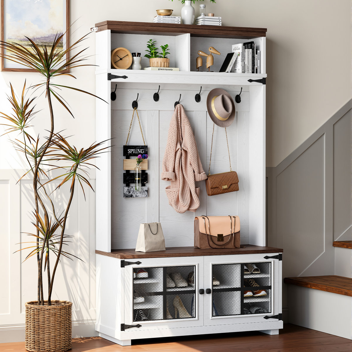 39.8" Wide Hall Tree With Bench And Shoe Storage, Entryway Bench With Diamond Wire Mesh Design, Coat Rack Shoe Bench For Hallway
