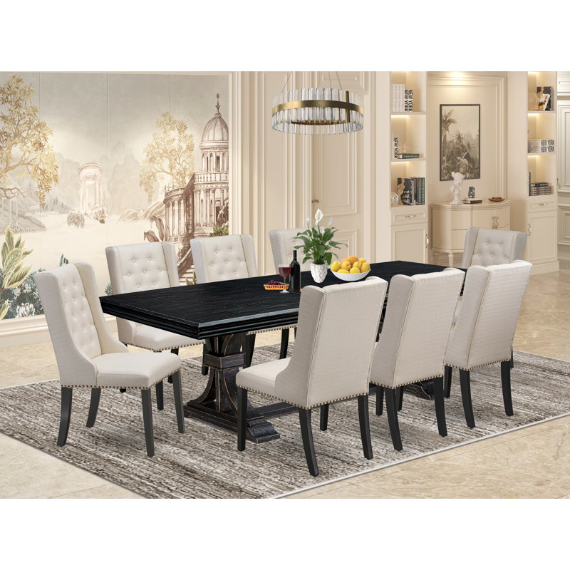 9-piece dining set consists of a dinner table and 8 Cream Linen Fabric dining room chairs & black legs with Button Tufted Back - Sand Blasting Black finish.