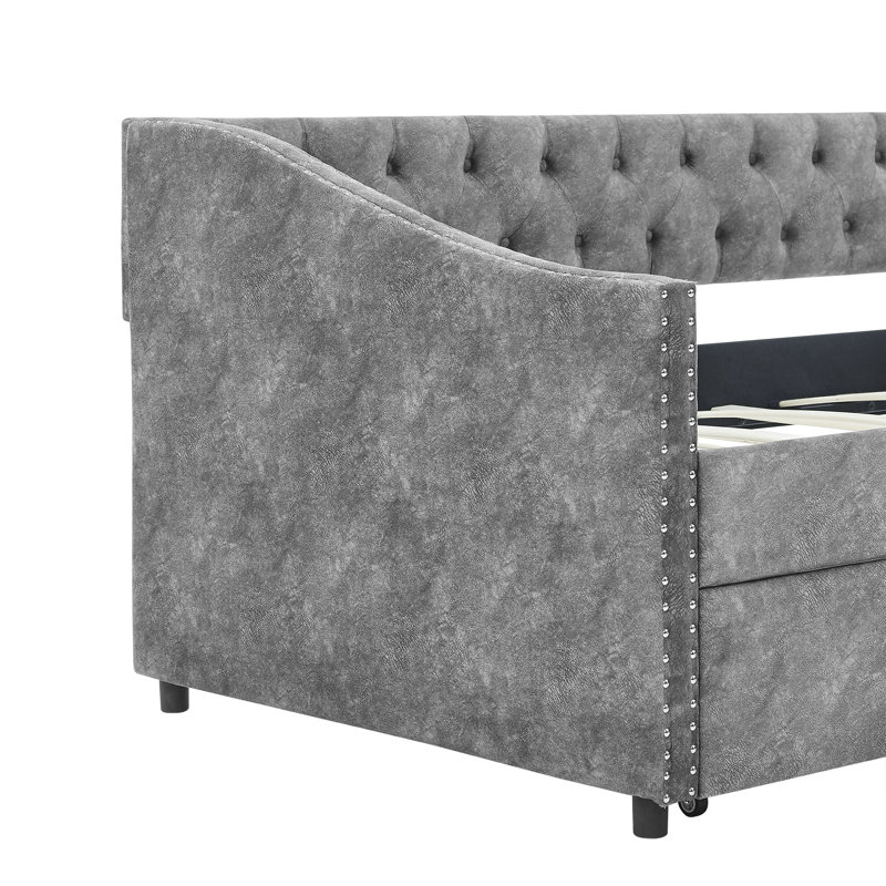 Lit de jour avec tiroirs, canapé-lit capitonné, avec bouton sur le dos et clou en cuivre sur les accoudoirs ondulés, Gris