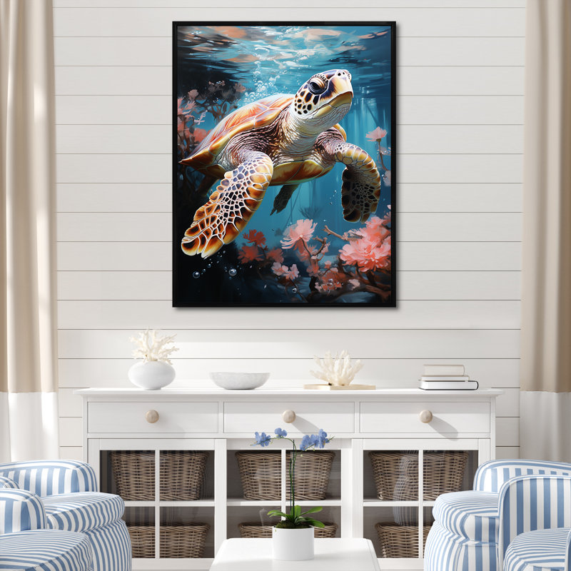 Tortue de mer ludique - Tortue, art mural, salon, Cadre flottant noir, H 32 po x l 16 po