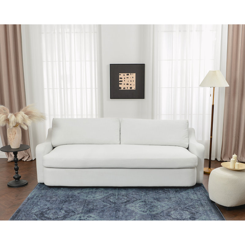 90" Greyish White Down Feather Linen Upholstered Deep Sofa with Reversible Cushions