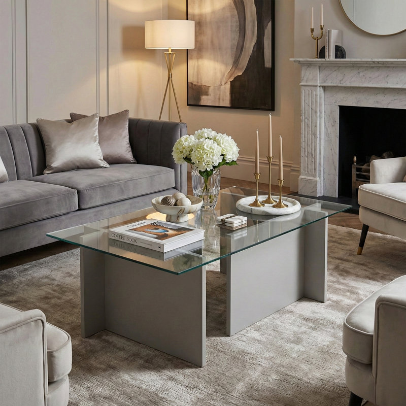 Table basse rectangulaire en verre trempé, Gris, H 15,7 po x l 41,3 po x P 25,6 po