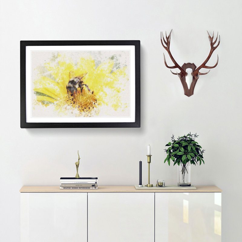 Bee Collecting Pollen Watercolour - Framed Print, 62cm H x 87cm W x 2cm D, Black Framed