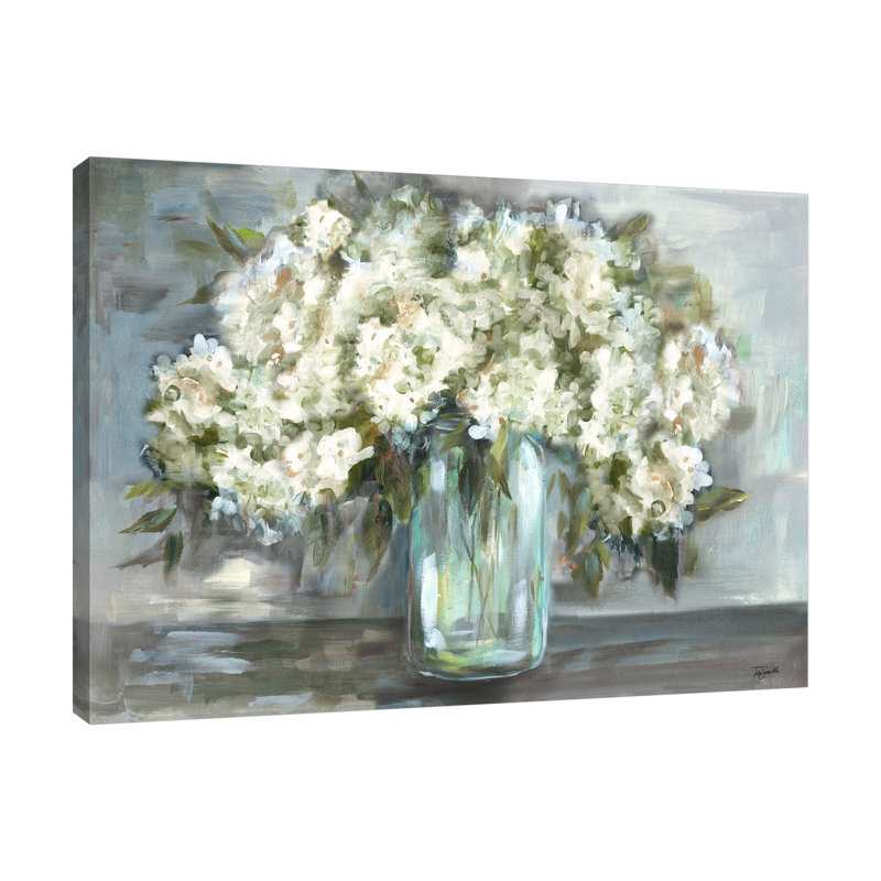Hortensia en fleurs dans un pot Mason, toile tendue avec châssis, H 15 po x l 20 po x P 1,5 po