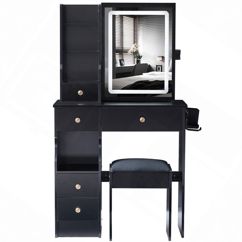 29.2" Small Size Left Drawer Desktop Vanity Table + Cushioned Stool, 2 AC+2 USB Power Station, Hair dryer bracket, Extra Large Touch Control Sliding LED Mirror, Tri-color Switching, Brightness Adjust
