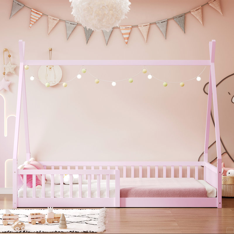 Lit simple en bois avec clôture, Rose