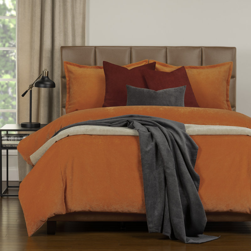 Mixology Velvet Bed Cap Comforter Set with Sewn Corners, Orange, King