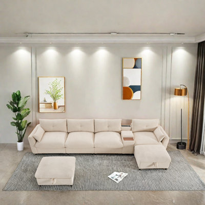 Modular Sofa With Usb Charger, Cup Holders,Movable Ottomans And Functional Console, Extra-Wide Seat, Storage, And Designer Detailing For Living Room, Bedroom, Or Office