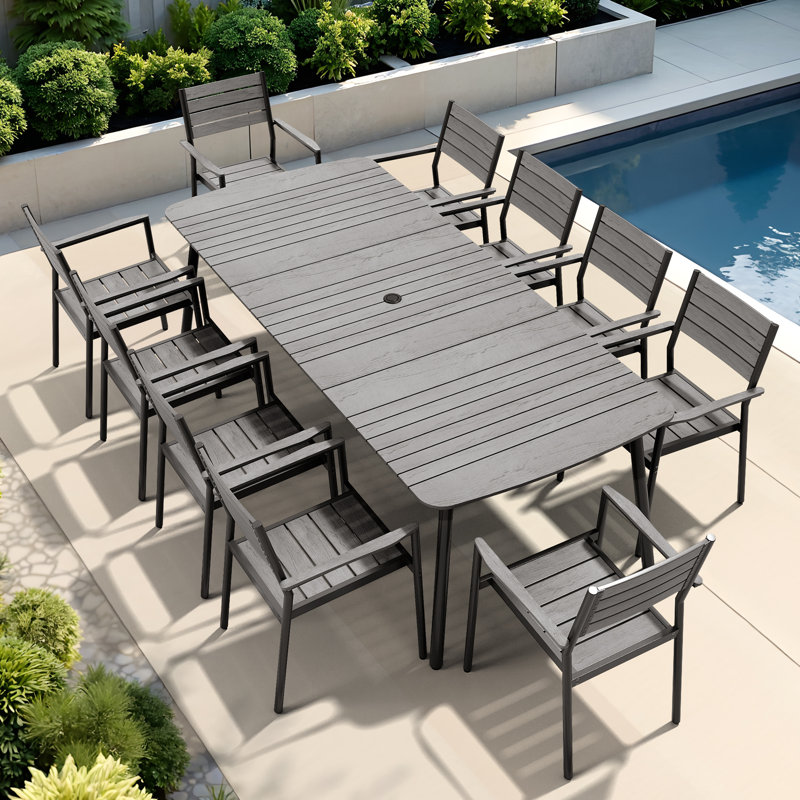 Ensemble repas pour 10 personnes en aluminium avec trou pour parasol, Gris