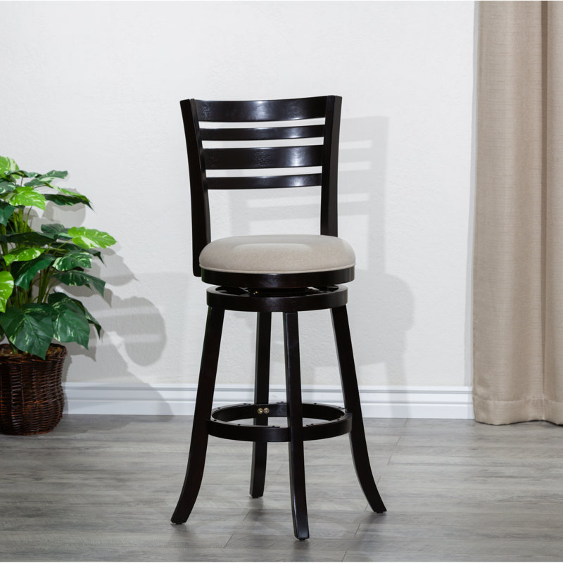 30" Bar Height Stool With Slat Back. Beige Fabric Seat. Swivel Function. Construction. Suits Preferences Back Swivel. Solid Hardwood Frame. Adds Elegance To