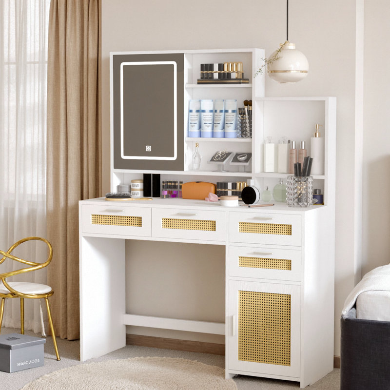 43" Rattan-Accent Vanity – 3-Color LED Mirror, 4 Deep Drawers, Sliding Cabinet, Hidden Back-Of-Mirror Storage, Nightstand Mode