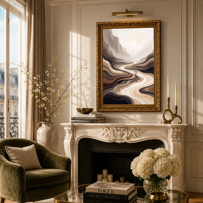 «Layered Brown and Beige Wavy Desert Scene», art mural, 24"H x 16"W