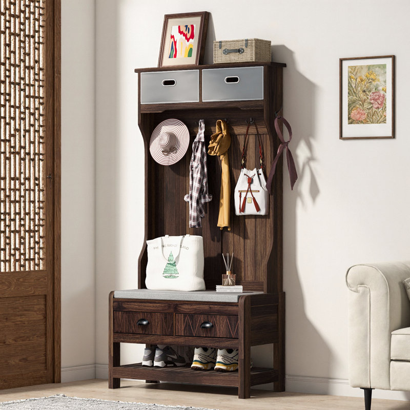 Organisez avec style: arbre d'entrée brun 3 en 1 avec banc, crochets et rangement pour le vestibule, 69 po, Brun