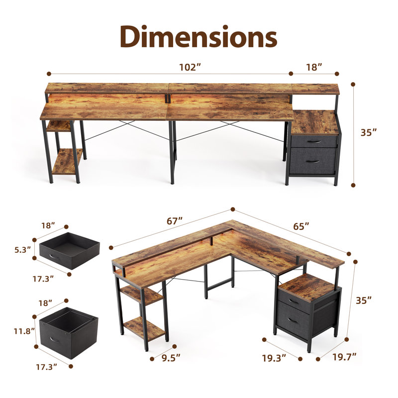 66" Reversible L Shaped Desk with File Cabinet, Computer Desk with LED Lights and Power Outlet, Rustic Brown