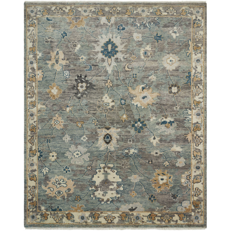 Hari Slate Petal Wool Hand-Knotted Area Rug, Rectangle 8' x 10'
