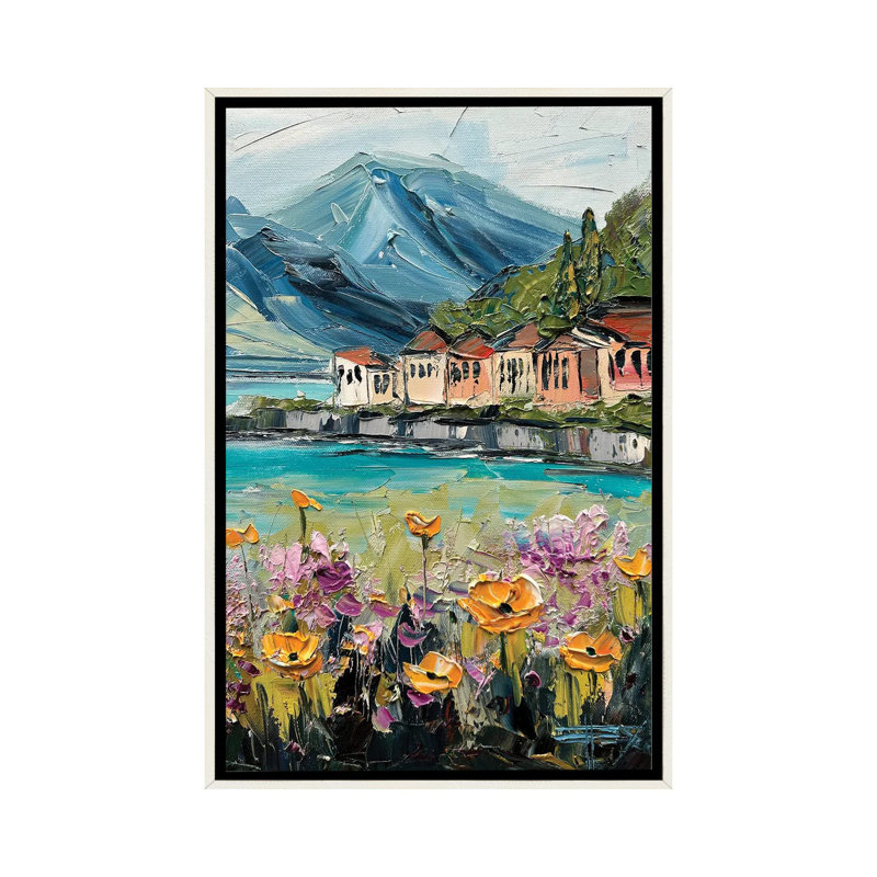Lake Como In Bloom - Wall Art Print - Framed Canvas, 48" H x 32" W, Floater Framed Print Canvas without Mat, Distressed White
