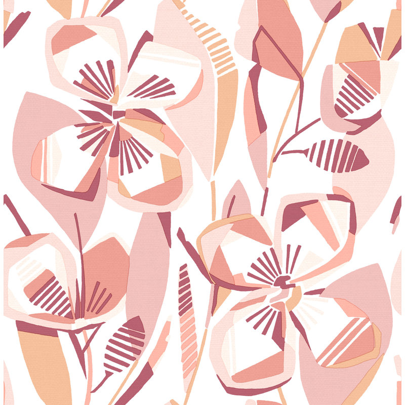 Nathalie Light Green Abstract Blooms Wallpaper, Coral