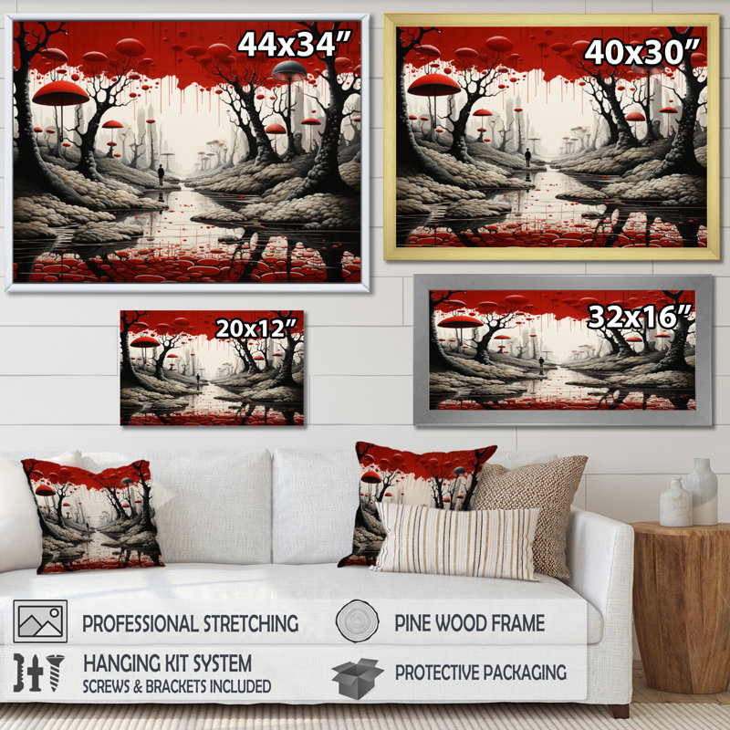 Surréalisme rouge et gris surréalisme II, H 34 po x l 44 po x P 1,5 po, Cadre flottant noir