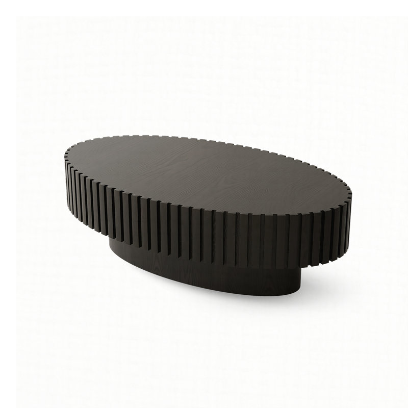 43.5" Oval Wooden Coffee Table With Handcrafted Relief | Sturdy Pedestal Base, Olive-Shaped Design For Living Room, Black
