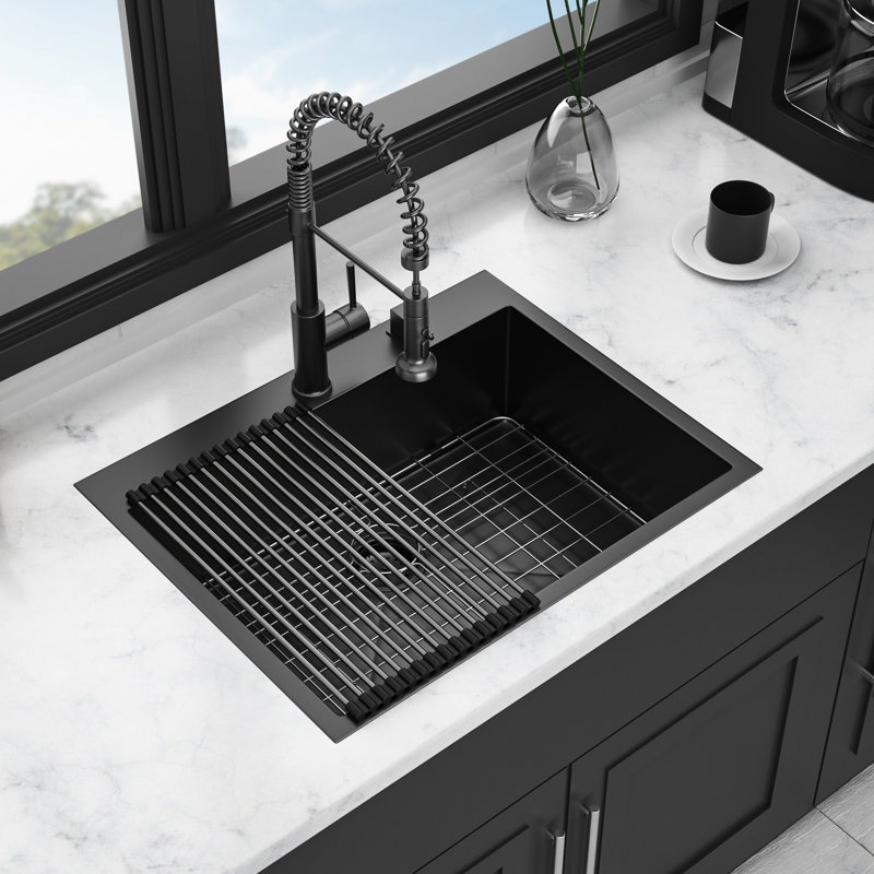 Gunmetal Black Stainless Steel Sink 28X22 - 16 Gauge Single Bowl To Wear Efficient Water Flow Topmount Resists Dents Fast Drainage