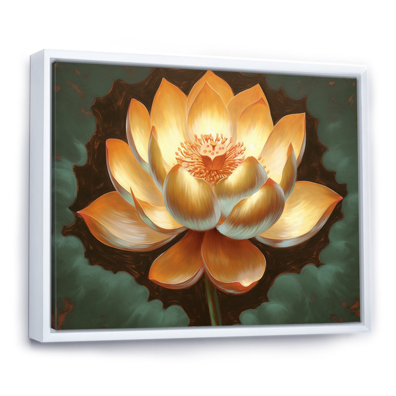 Golden Blooming Retro Lotus - impression, H 16 po x l 32 po x P 1 po, Cadre flottant blanc
