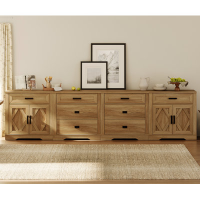 Très grand classeur de 126 po de largeur, console de rangement de bureau de ferme 4-en-1 avec 6 tiroirs et sections de porte de grange de rangement, classeur spacieux avec tablettes réglables pour le bureau, la chambre à coucher, noyer
