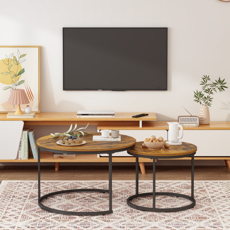 Ensemble de 2 tables basses gigognes, table basse ronde de 27,6 pouces avec finition en bois industriel avec structure en métal robuste, tables d'appoint de table de bout pour le salon, la chambre et le balcon (brun rustique)