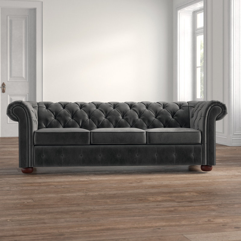 Canapé Chesterfield à accoudoirs arrondis en velours 91,25 po Huskins, Velours gris foncé