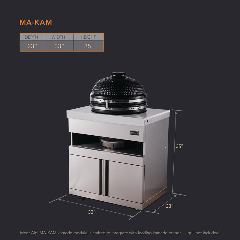 Mont Alpi Makm-18 Heavy Duty Stainless Steel Universal Kamado Charcoal Smoker Grill Module + Storage Cabinets & Granite Countertops - For 18" Big Green Egg, Kamado Joe Classic, Akorn, Pit Boss Models