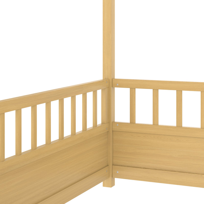 Lit simple naturel avec structure haute en bois et clôture, structure en pin, structure stable, amusante pour, Lit simple