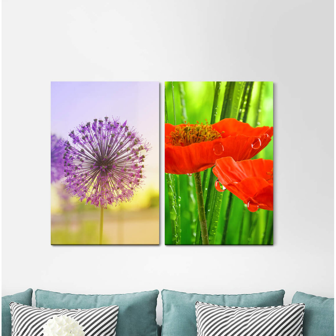 2-tlg. Leinwandbilder-Set - Fotografie „Blowball Poppy Flowers Red Green Violet Water Drops”