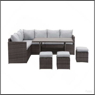 7 Piece  Wicker Patio Dining Set  9-Seat  Outdoor Sectional Gray Cushions Sofa with Ottomans & Dining Table Porch Backyard Garden