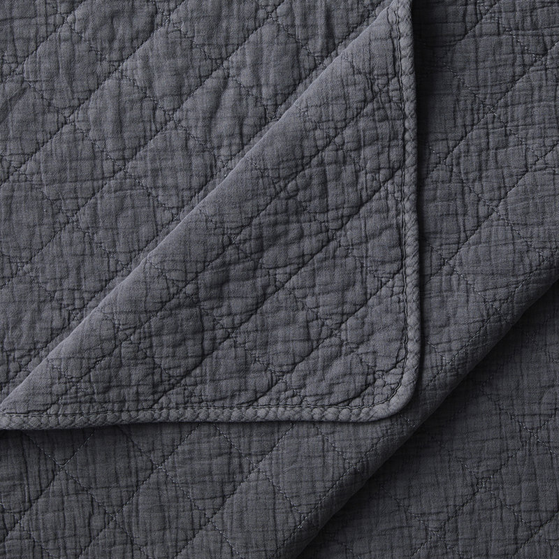 Ensemble de courtepointe rustique en coton couleur unie, Gris anthracite, Courtepointe pour lit simple + 1 taie décorative 