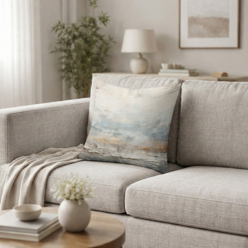 Coussin décoratif beige et bleu tempête océan, H 18 po x l 18 po