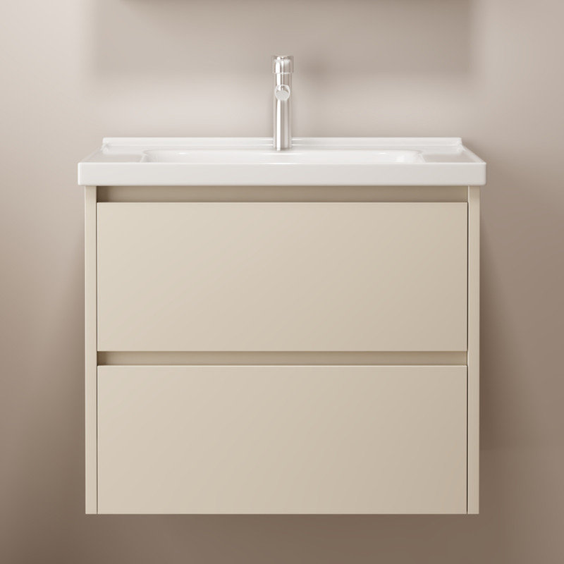 24" Wall Mounted Bathroom Vanity with Ceramic Sink & 2 Soft-Close Drawers, Khaki