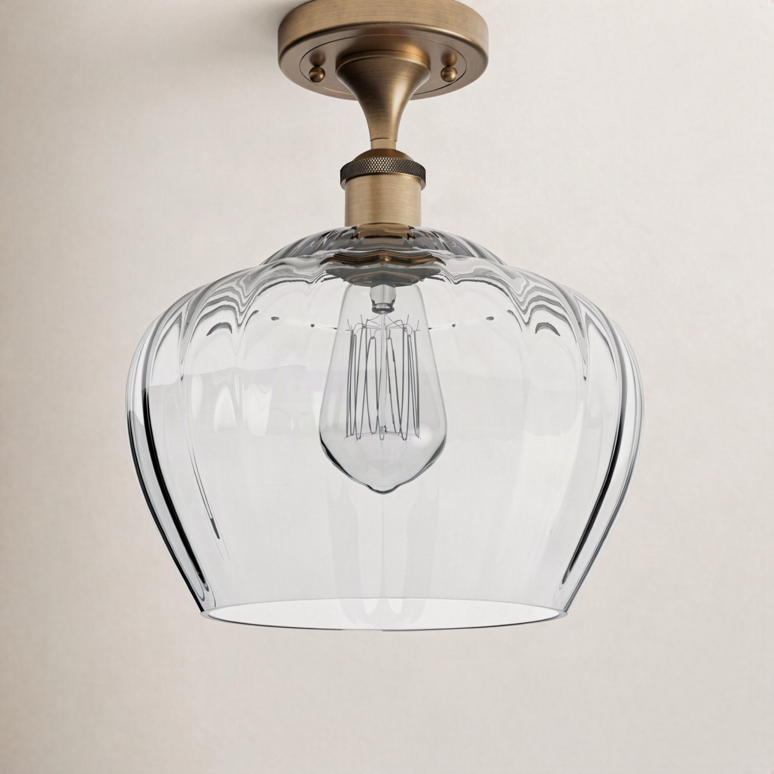 Renee Single Light Flush Mount, Clear, 6 Watt Vintage LED Bulb, Brushed Brass