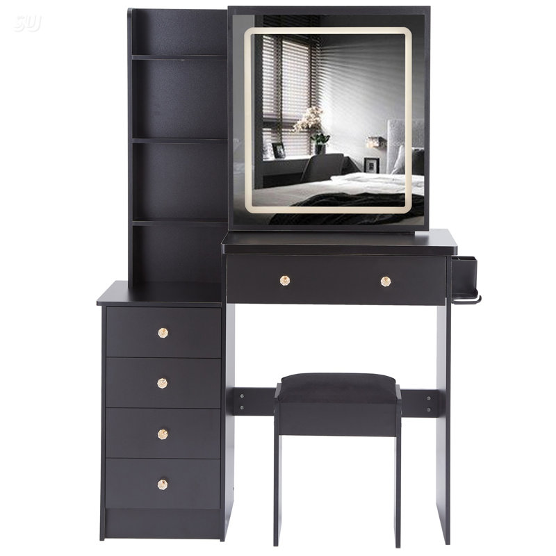 37-Inch Vanity Table Set With Sliding LED Mirror, AC/USB Sockets, Hair Dryer Stand, And Cushioned Stool, Black