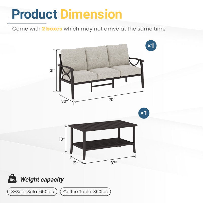 70'' Wide Straight Metal Sofa with Cushions, Khaki Cushion/Coffee Frame