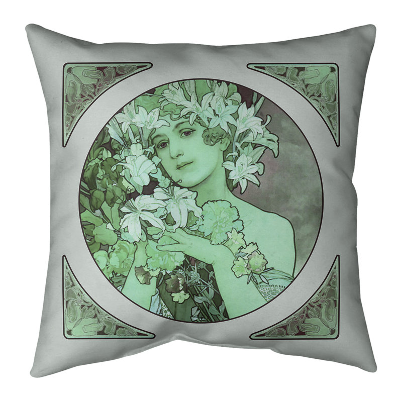 Coussin décoratif couronne de fleurs Alphonse Mucha, 20 po x 20 po, Bourre en polyester, Vert
