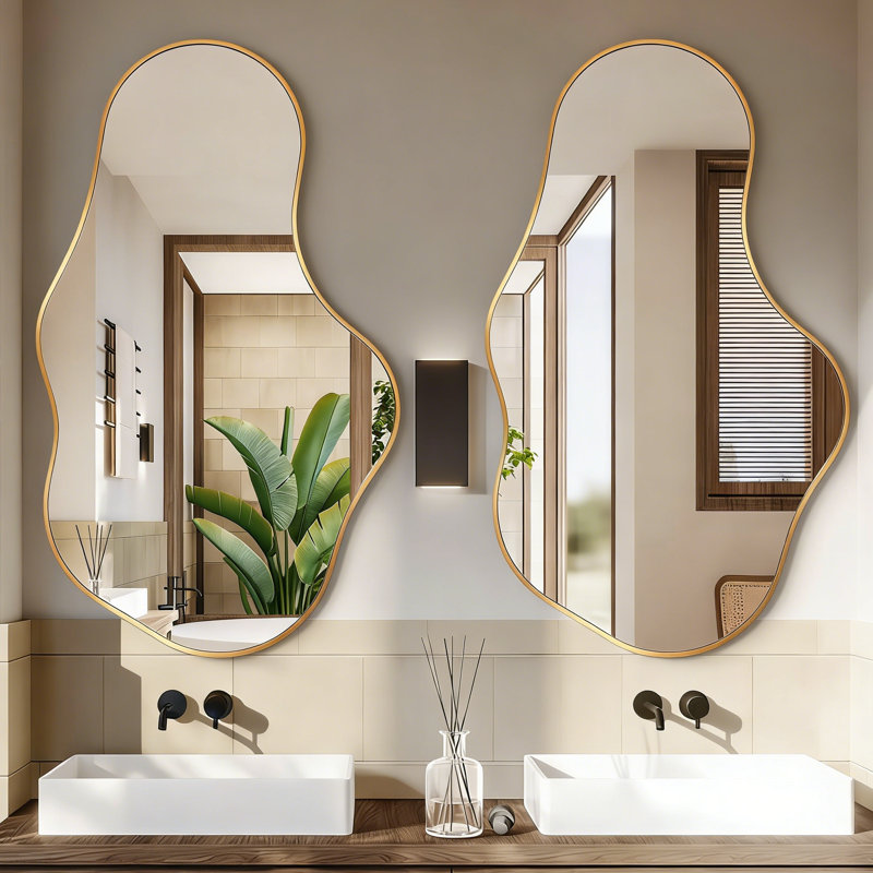 Asymmetrical Wall Mirrors Set of 2, Modern Decorative Metal Frame Mirrors, Unique Irregular Design for Living Room, Bedroom, Bathroom