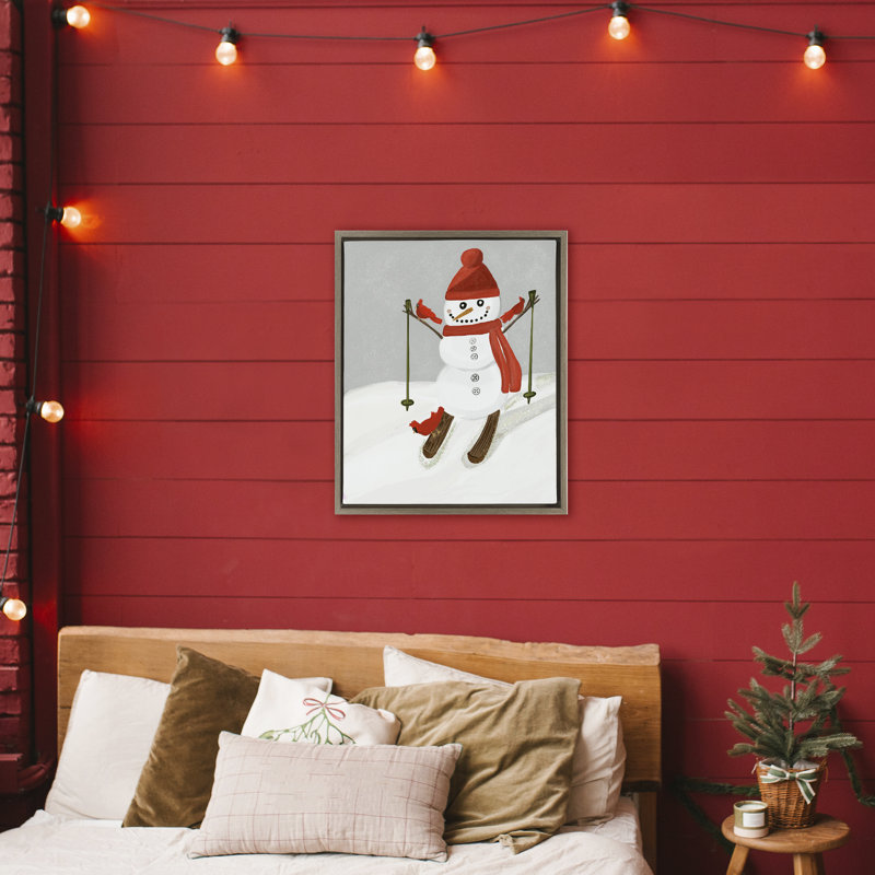 Bonhomme de neige skiant avec cadre flottant Cardinals, design par Kristal Clifford, H 31 po x l 25 po