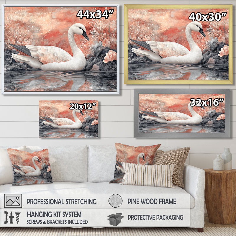 Rose cygne, reflets de l'élégance - cygnes, art mural, H 24 po x l 32 po, Impression encadrée flottante, Doré