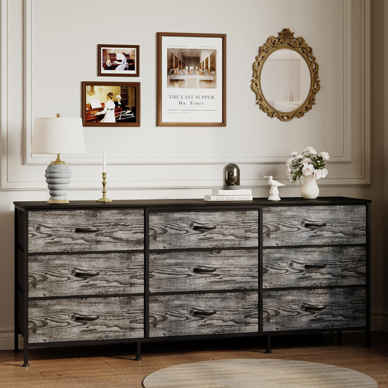 63" TV Stand Dresser with 9 Fabric Drawers for TVs up to 70", Entertainment Center with Storage Organizer, Gray