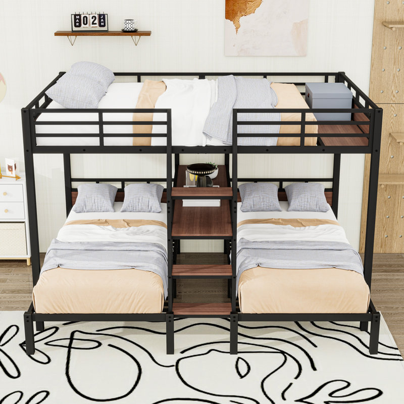 Metal Bunk Bed With Shelves And Slats, Queen over Twin and Twin