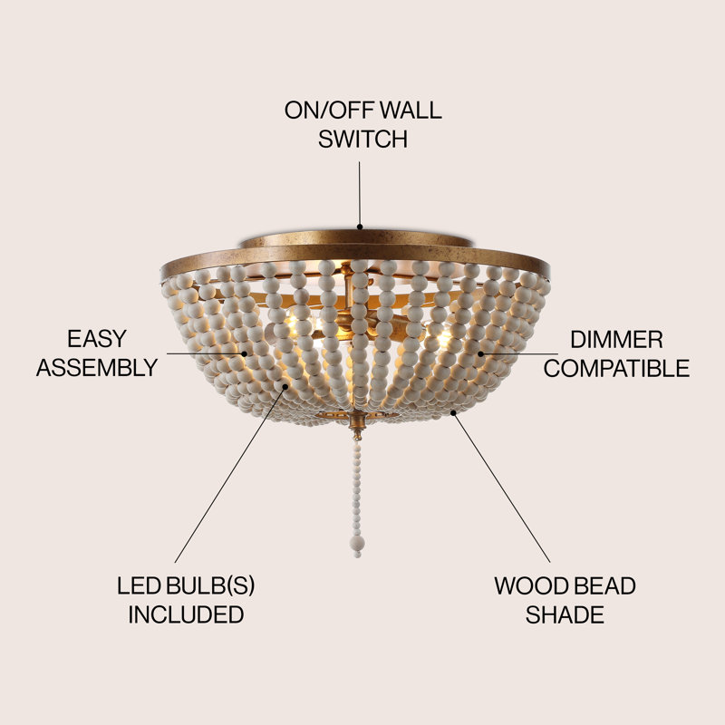 Ohlone Farmhouse Wood Beaded/Metal LED Flush Mount, Antique Gold, 12.5" H x 15" W x 15" D