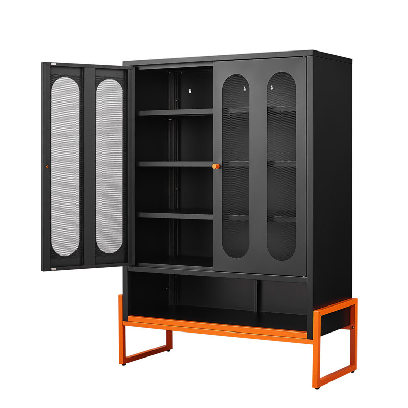 Armoire à chaussures à double face en maille avec pied de 5,9 po de hauteur, cloisons réglables pour les besoins de rangement sur mesure, robot de balayage à base creuse, métal noir thermolaqué, autoportante moderne