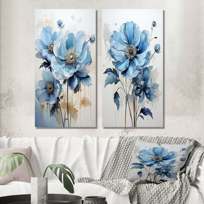 Fleur de marguerite bleue minimalisme "Fleur de marguerite bleue minimalisme" 2 - pièces sur, Toile tendue, H 32 po x l 32 po