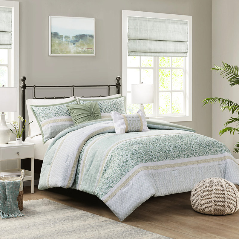 Ensemble de literie 5 pièces pour très grand lit / très grand lit - édredon Seersucker à motif botanique imprimé chic avec 1 édredon, 2 coussins décoratifs, taies décoratives et bourre décorative style floral